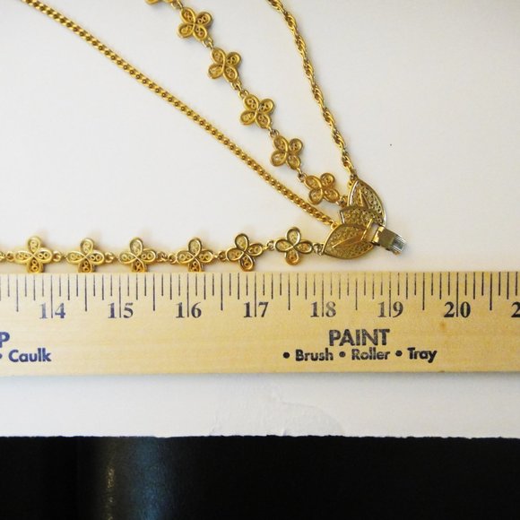 Multi Strand Clover Motif Necklace Gold Tone Chains 4 - Picture 6 of 7